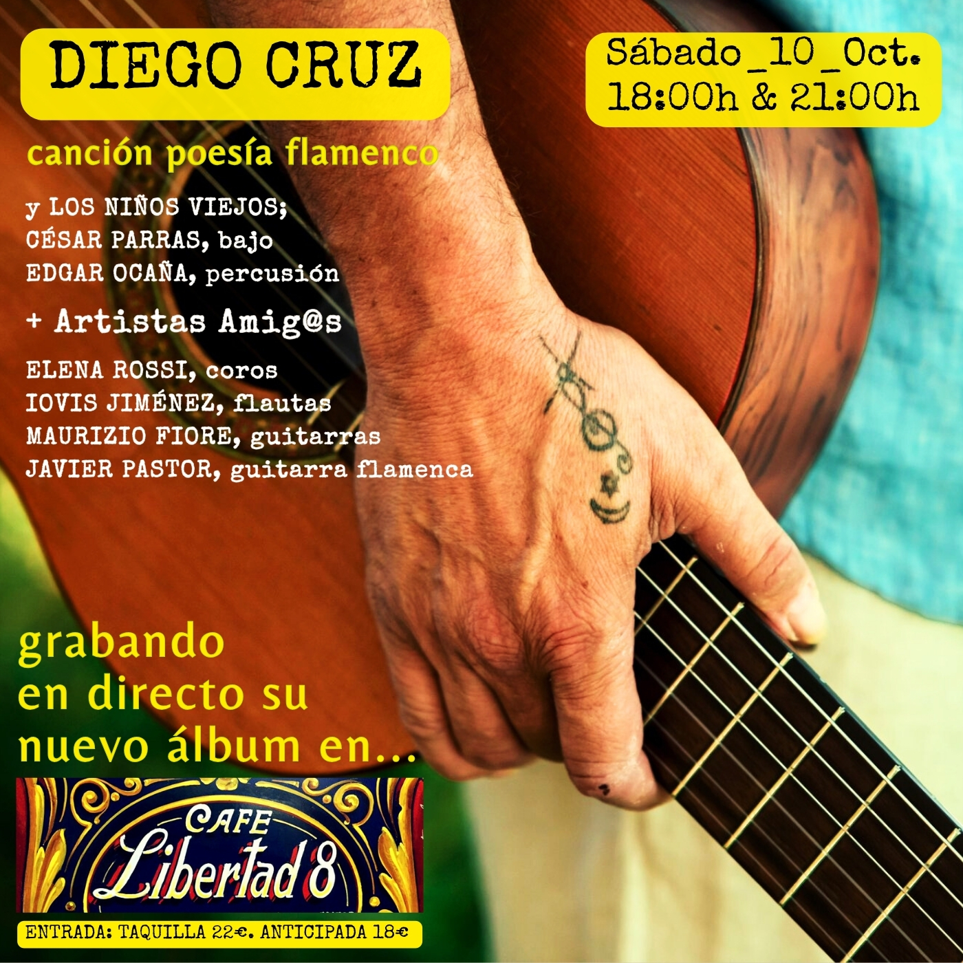 Diego Cruz cantando bajo el cartel de Café Libertad 8